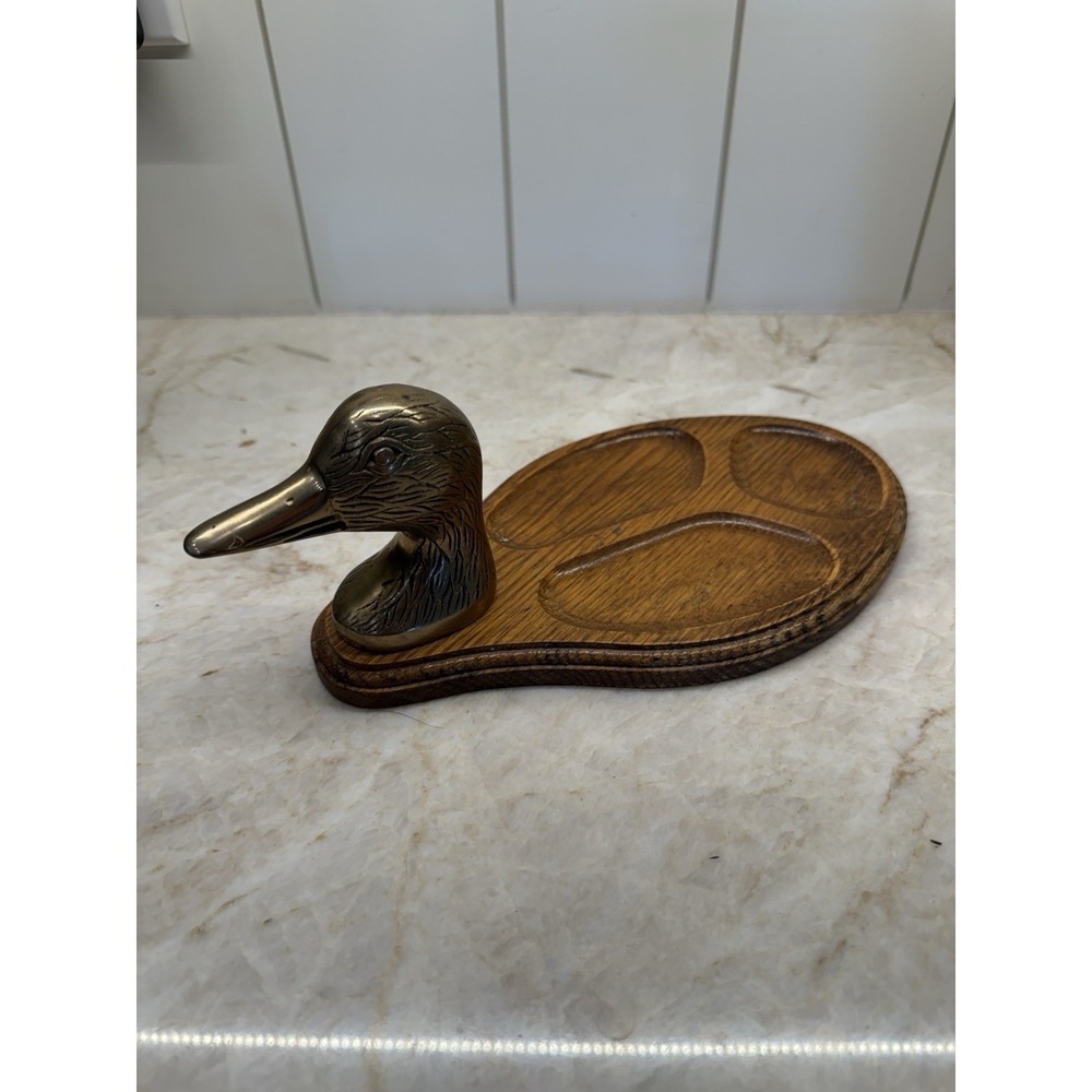 VTG Solid Brass Duck Head & Wood Men's Valet Tray Desk Dresser Entry 11"X5.5"